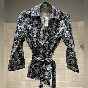 Ann Taylor Navy Patterned Wrap-around Blouse